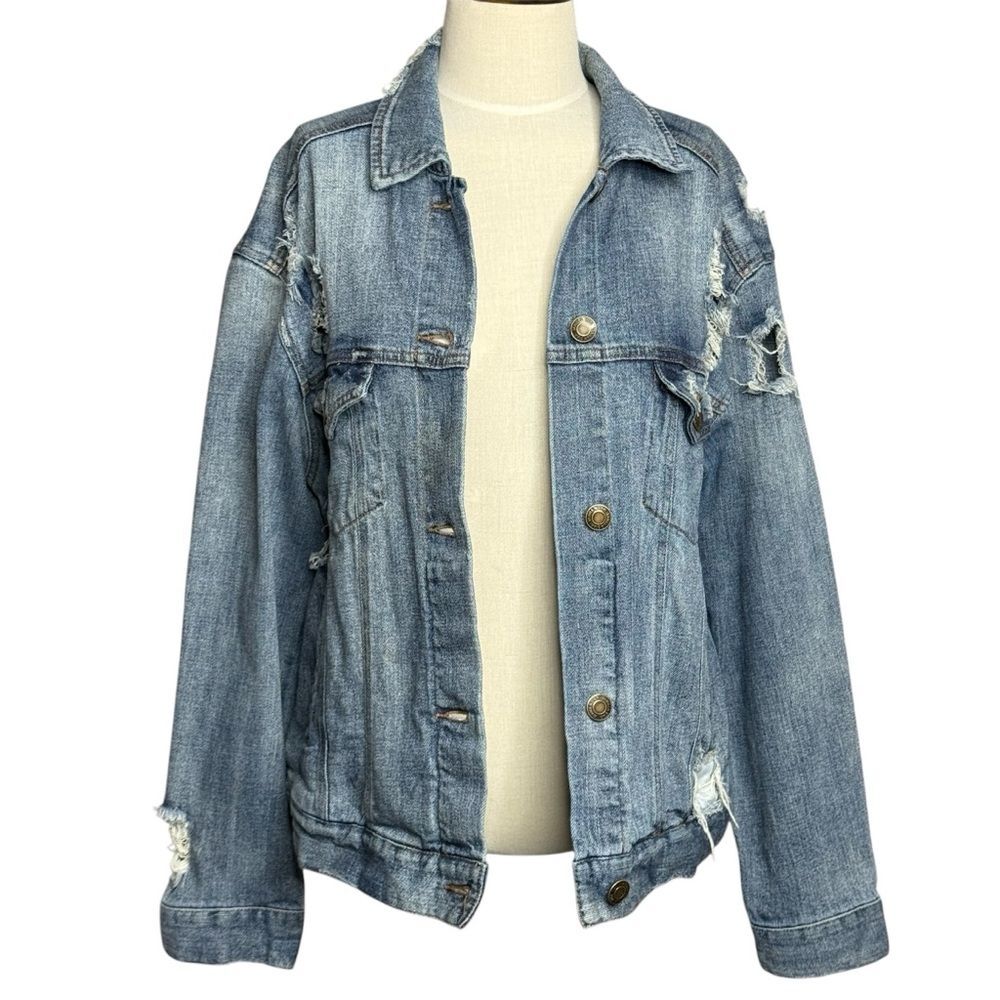 VANILLA STAR Blue Denim Distressed Jean Jacket Back Tiger Graphic Size Large